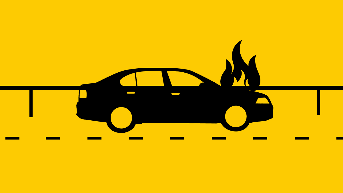 Graphic showing the silhouette of a car with a fire at the bonnet
