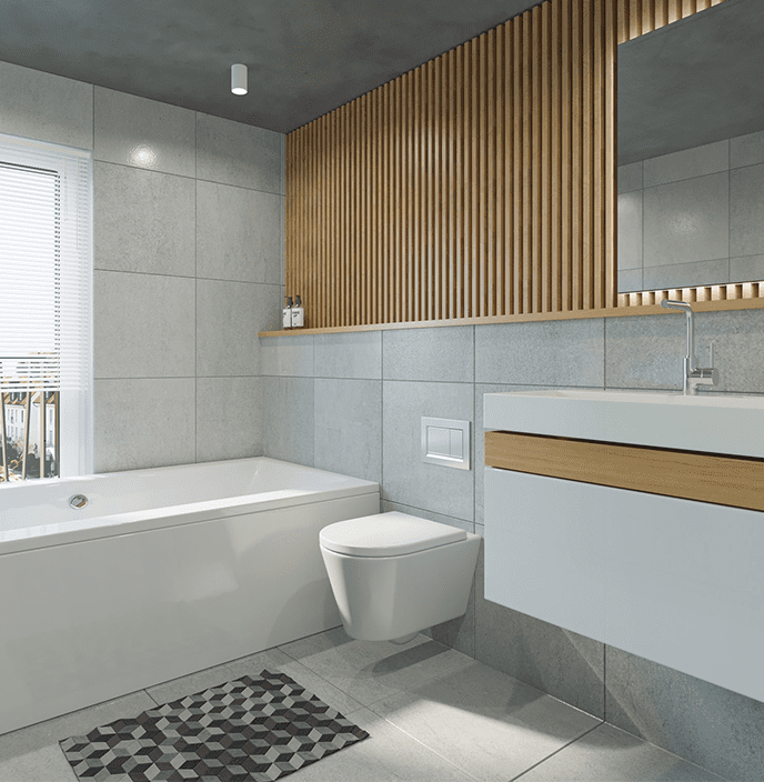 Modern bathroom with wooden wall panels